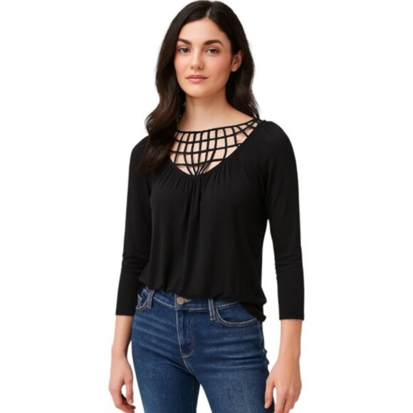 Anthropologie Medium Black Caged Detail 1/2 Sleeve Top NEW WITH TAGS - Picture 1 of 8